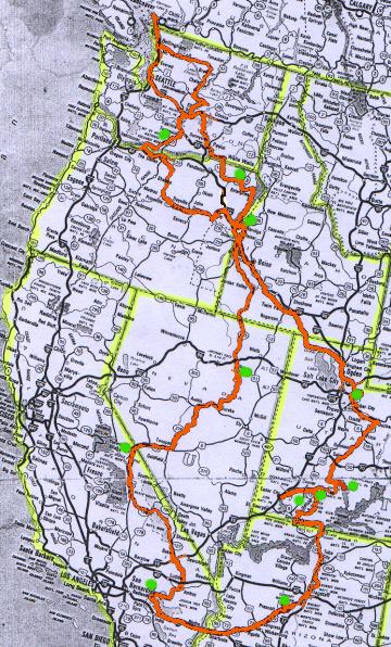 the route - green dots are overnight stops