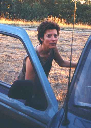 Trixie in her underwear skulking at twilight